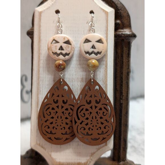Neutral Jack-O'-Lantern and Brown Wood Filigree Earrings - Picture 1 of 6